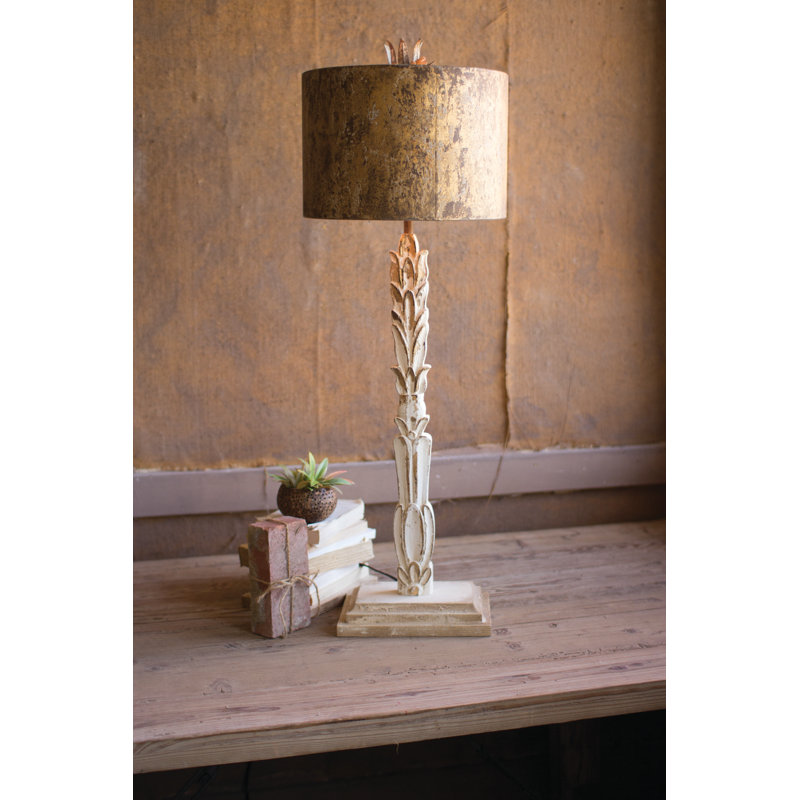 Ophelia & Co. Table Lamp Carved Wooden Base With Rustic Metal Shade